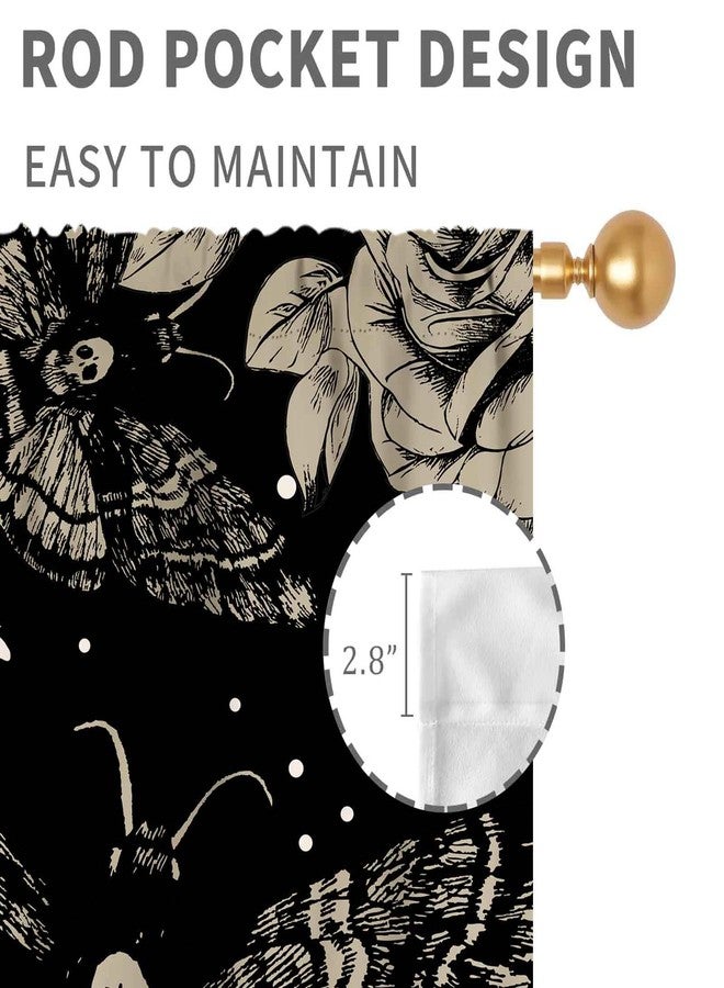 TKUYO Goth Curtains for Bedroom, Spooky Moody Dead Moth Black Floral Witchy Gothic Mysterious Butterfly Skull Trippy Aesthetics Art Print Gray Window Drapery for Bedroom Living Room 2 Panels, 42"x45" Inch - Image 5
